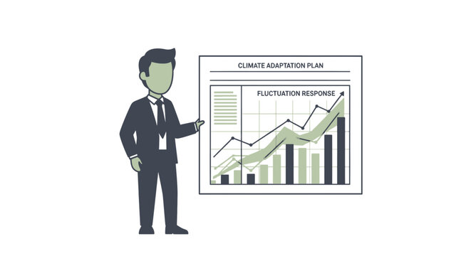 Business professional presenting climate adaptation plan with fluctuation response graph.