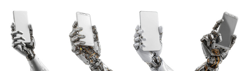 Naklejka premium Robot hands holding smartphones in a modern tech environment, isolated on transparent background, png set