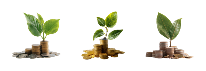 Investing in growth plant growth with coins nature, isolated on transparent background, png set