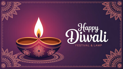 Warm glow of a lit diya lantern illuminates 'happy diwali' text against a festive purple background with decorative mandala patterns celebrating festival of lights traditions.