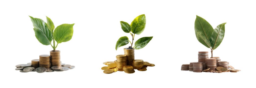 Investing in growth plant growth with coins nature, isolated on transparent background, png set