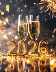 celebraci&oacute;n de A&ntilde;o Nuevo 2026. Fondo oscuro elegante con destellos dorados y plateados. N&uacute;meros '2026' en el centro con textura met&aacute;lica brillante, reflejando luces de fuegos artificiales sutiles