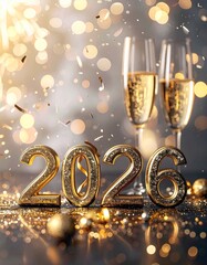 celebraci&oacute;n de A&ntilde;o Nuevo 2026. Fondo oscuro elegante con destellos dorados y plateados. N&uacute;meros '2026' en el centro con textura met&aacute;lica brillante, reflejando luces de fuegos artificiales sutiles