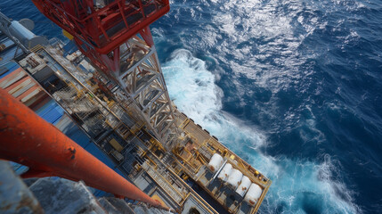 A large oil rig is in the ocean