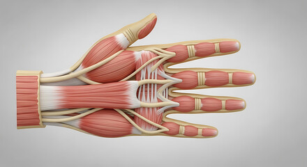 Anatomy of the Human Hand: A detailed medical illustration unveils the complex inner workings of a hand, showcasing muscles, bones, and tendons in precise detail. 
