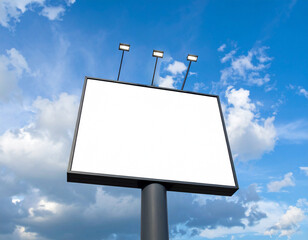 Blank billboard against a bright blue sky with fluffy white clouds, perfect for advertising and outdoor promotion