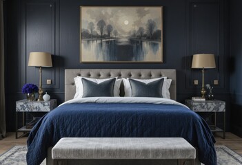 Elegante dormitorio con edred&oacute;n azul oscuro, l&aacute;mparas de lat&oacute;n, mesas auxiliares de m&aacute;rmol y un gran cuadro moderno sobre la cama