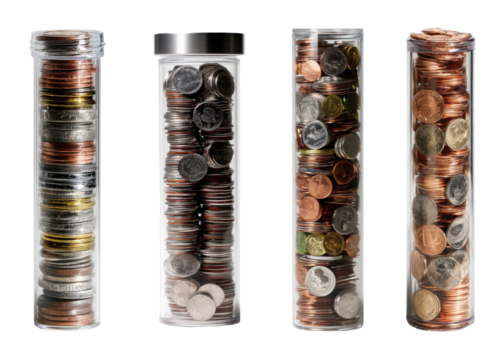 Counting coins coin collection in clear tubes, isolated on transparent background, png set