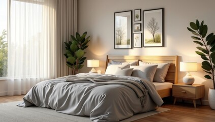 Fototapeta premium Dormitorio moderno con cortinas blancas sueltas y varias piezas de arte de pared enmarcadas