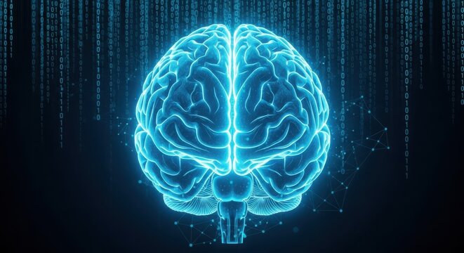 Artificial intelligence brain with digital binary code background