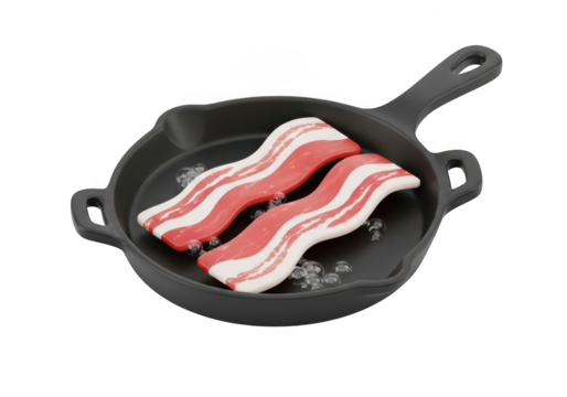 Two strips of bacon in a cast iron skillet isolated on transparent background