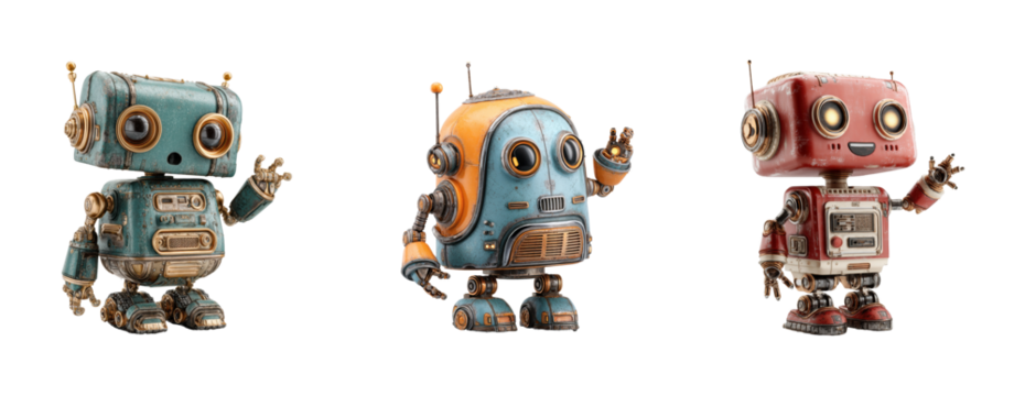 Playful robots greeting each other digital whimsical, isolated on transparent background, png set
