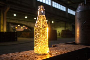 Crystal clear bottle glowing with golden liquid under cinematic light
