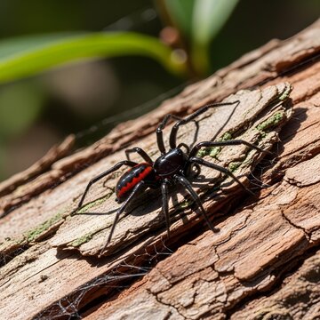 Intricate Macro Capture of a Redback Spider Elegantly Positioned on Weathered Bark, Emphasizing Textured Detail Amid Soft Sunlit Natural Blurred Surroundings