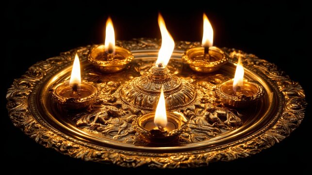 hindu puja essential panch pradeep or five headed oil lamp burning with glowing flame. these are used in durga , saraswati , kali , laxmi puja, shivaratri.