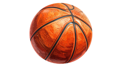 A detailed close up of a classic orange basketball with black seams on a white background.