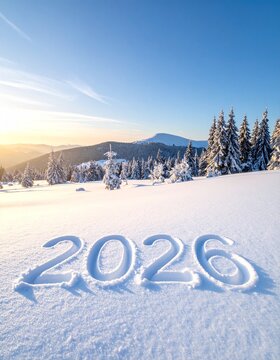 un paisaje natural nevado con el n&uacute;mero '2026' escrito en la nieve fresca. El entorno muestra un bosque tranquilo con &aacute;rboles cubiertos de nieve, monta&ntilde;as suaves al fondo y un cielo azul p&aacute;lido