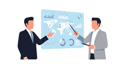 Business presentation with two men pointing at a world map and charts.