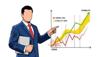 Business professional presenting a chart illustrating market stability and crisis.
