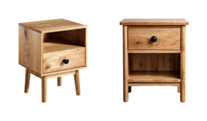 Stylish wooden nightstands for modern bedrooms home, isolated on transparent background, png set