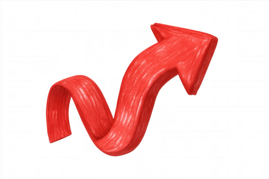 Red wavy arrow pointing up representing progress, growth, and increasing positive direction on transparent background