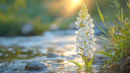 A delicate white orchid blooms by a sunlit stream