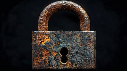A detailed close up of a heavily rusted old padlock with a visible keyhole set against a dark background
