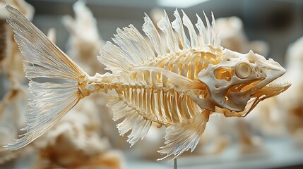 A detailed close up view of an intricately structured fish skeleton showcasing its delicate bone anatomy and skeletal frame