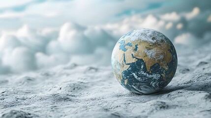A detailed globe of Earth rests on a textured white surface against a backdrop of soft clouds and sky