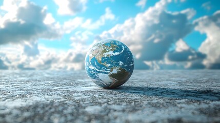A detailed globe of Earth rests on a rough textured surface against a backdrop of soft blurred clouds in a bright sky