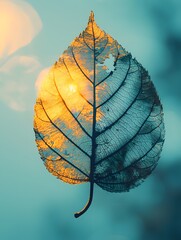 A detailed skeletonized leaf captures warm golden sunlight on one side and cool teal tones on the other set against a blurred background