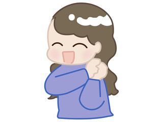 青色の服の女性が両手を合わせて喜んでいるイラスト