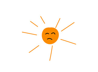 A sad cartoon sun with orange rays, isolated on a transparent background, representing bad weather, gloominess, or a negative mood