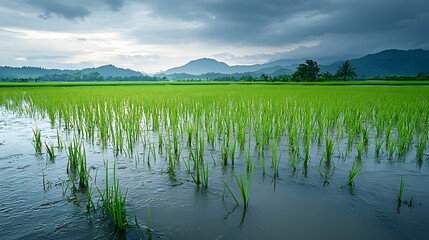 A dramatic and serene view of a flooded green rice paddy field under a cloudy sky with misty mountains