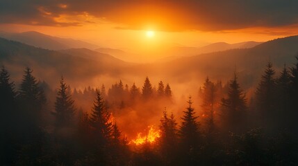 A dramatic wildfire burns fiercely within a misty mountain forest during a vibrant sunset casting an orange glow over the landscape