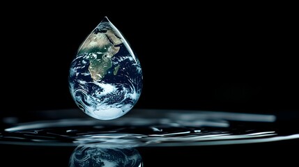 A droplet of water containing the Earth reflecting its fragility and preciousness