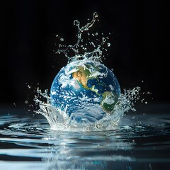 A dynamic splash of water erupts around the planet Earth against a dark background symbolizing global impact and environmental forces