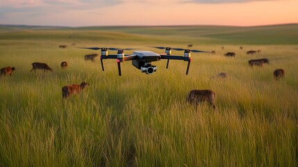 A drone surveys a herd of deer grazing in a lush field at sunset