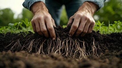 A farmer s hands carefully uncover vibrant plant roots in dark rich soil symbolizing growth and organic cultivation
