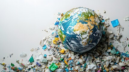 A fragile Earth globe sits overwhelmed by a vast accumulation of plastic and other waste materials on a clean background