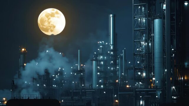 Moonlit reactor towers, metallic structures glistening, faint refinery mist glowing, ultra-realistic lighting, cinematic mood with blurred depth of field, industrial atmosphere.