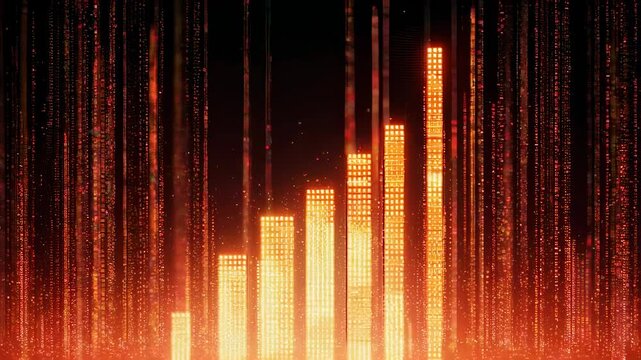 Abstract digital bars ascending with vertical lines in orange.