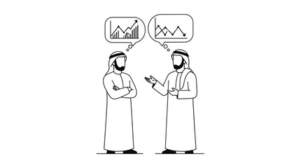 Two Arab men discussing business with charts and graphs in thought bubbles.