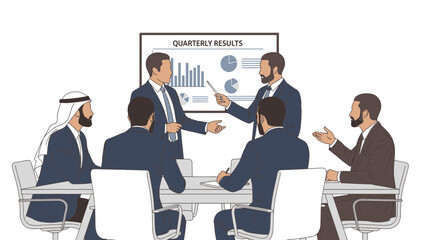 Business meeting with diverse group of people discussing quarterly results in conference room.