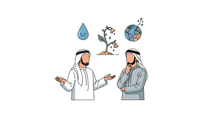 Two Arab men discussing environmental issues and climate change concerns.