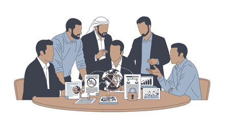 Business team meeting around a table with documents and a globe.