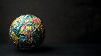 A globe crafted from colorful plastic waste symbolizing environmental concerns against a dark background