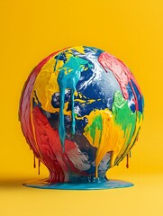 A globe covered in dripping colorful paint appears to be melting on a bright yellow background