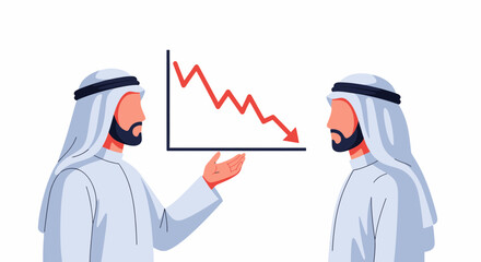 Arab businessmen discussing financial decline with downward trend graph.