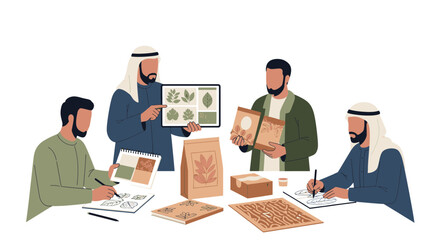 Group of Arab men discussing and designing packaging for herbal products.